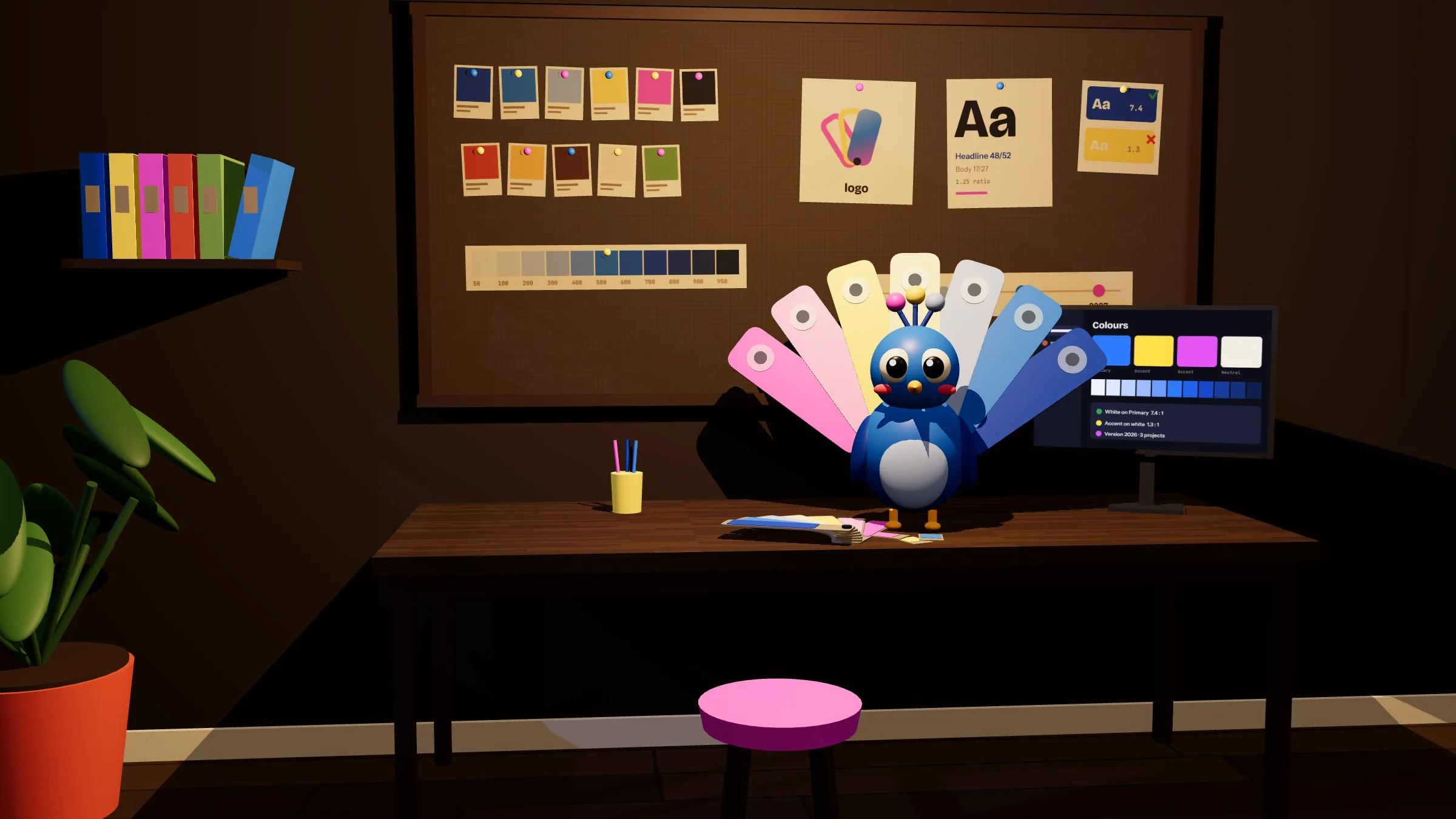 Pavo, ein blauer Pfau, steht am Abend auf einem Tisch im Atelier einer Agentur und schlägt sein Rad aus Farbmustern, hinter ihm die Wand mit Farbkarten, Logo und Schriftprobe.