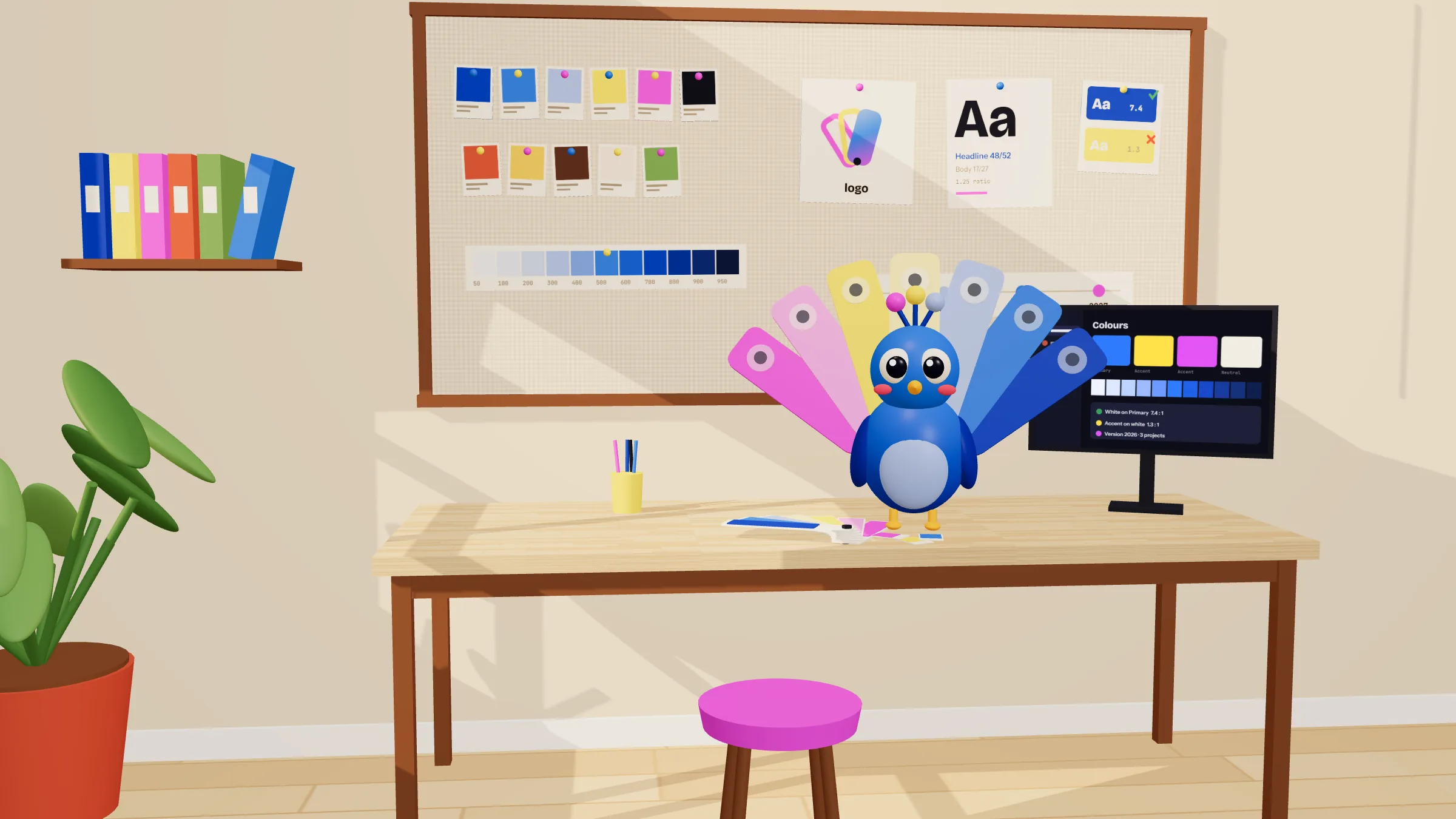 Pavo, ein blauer Pfau, steht auf einem Tisch im Atelier einer Agentur und schlägt sein Rad aus Farbmustern. Hinter ihm hängen Farbkarten, ein Logo, eine Schriftprobe und ein Kontrastpaar an der Wand, daneben zeigt ein Bildschirm die Farben eines Kunden.