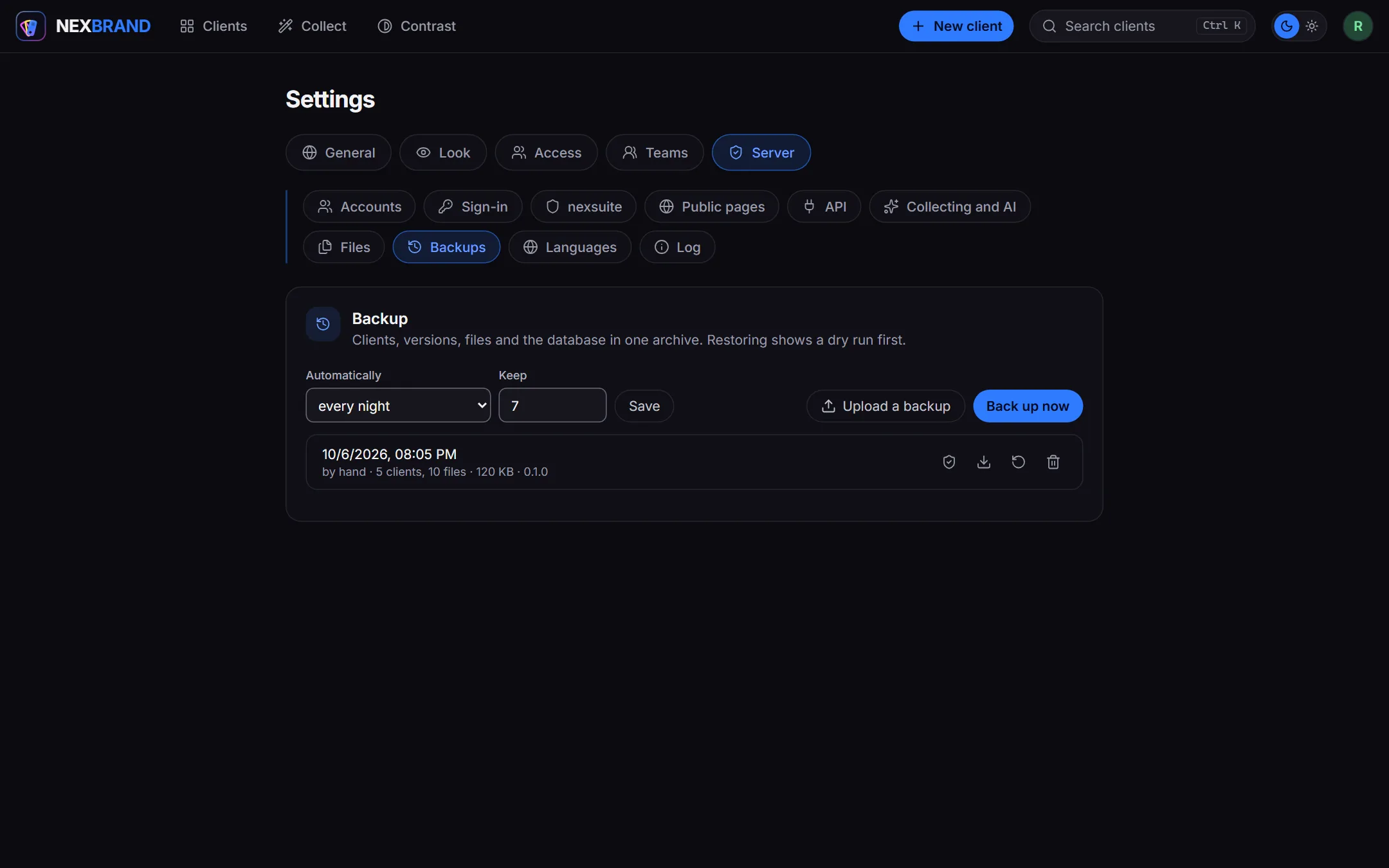 Settings, Server, Backups with the schedule, the number to keep, the buttons Upload a backup and Back up now, and backups in the list