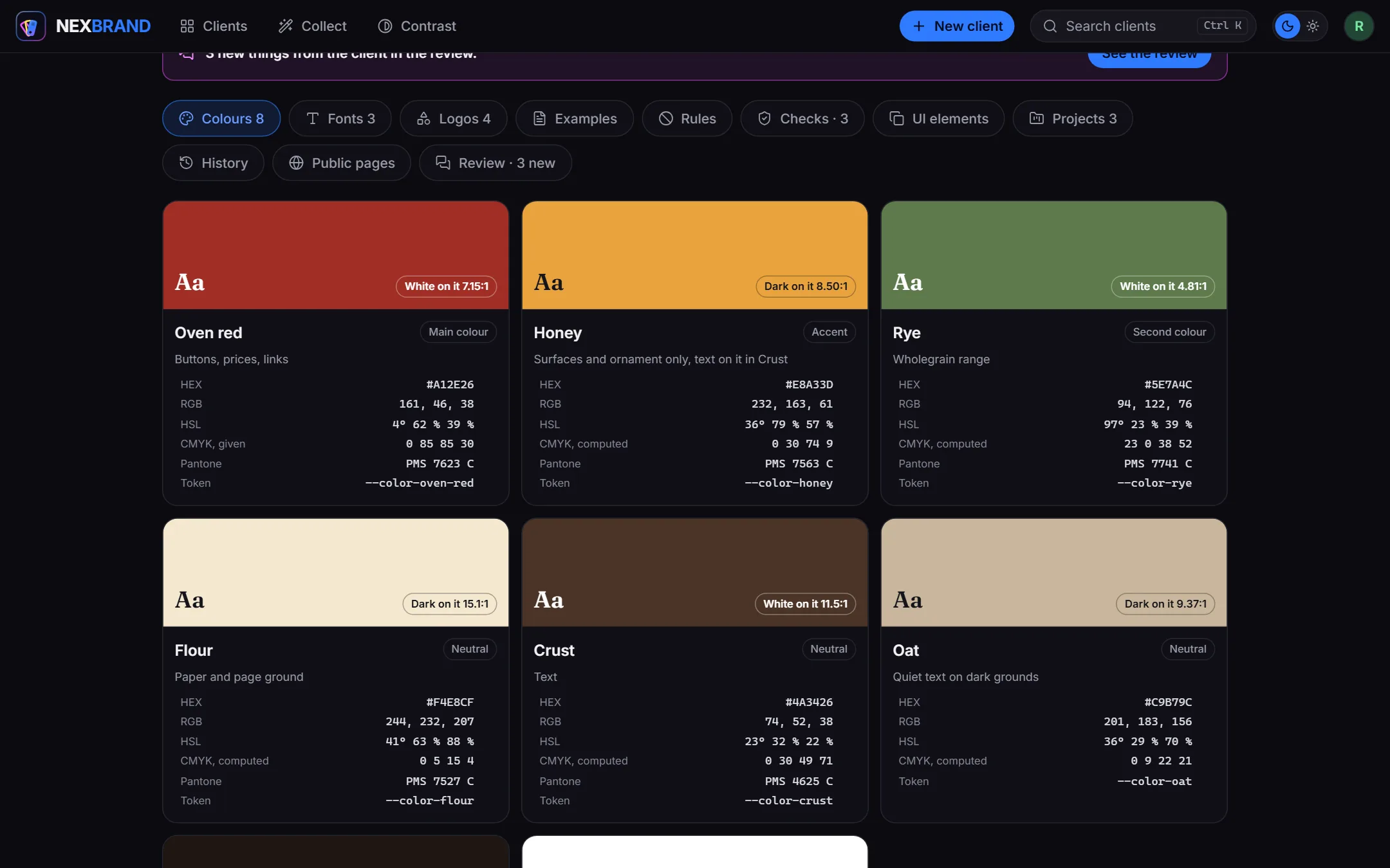 Der Kunde Morgenrot Bakery in nexbrand, Reiter Farben: Karten mit Farbfläche, Rolle, Kontrast, HEX, RGB, HSL, CMYK und Pantone