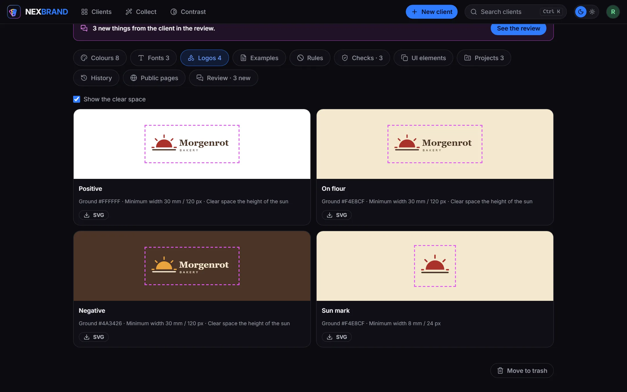 The Logos tab of Morgenrot Bakery with Show the clear space ticked, drawing the clear space around the logos