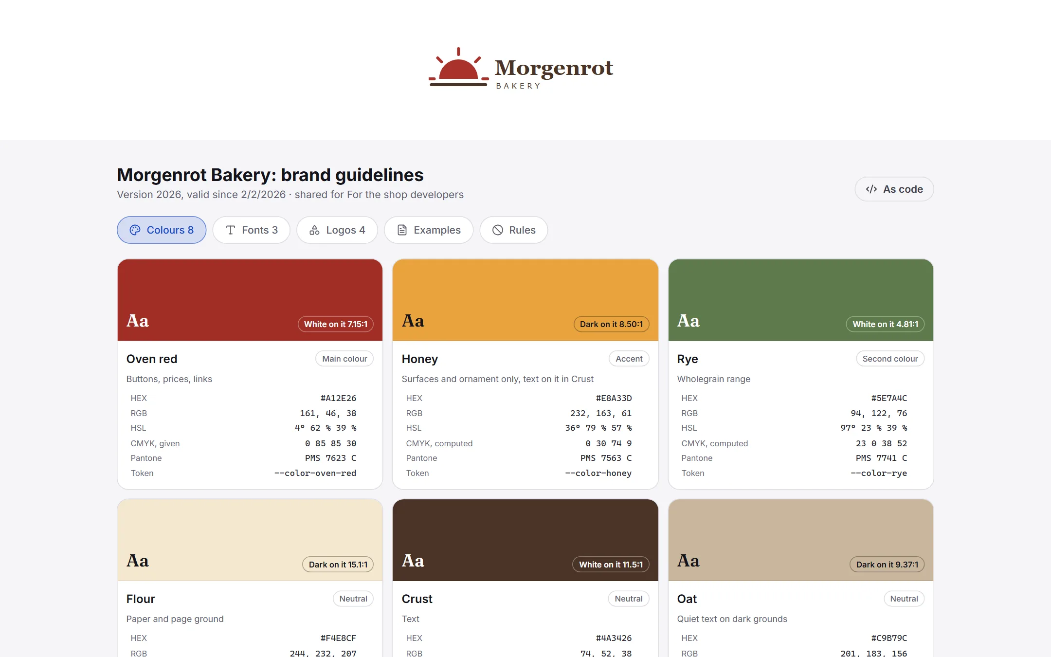 Die öffentliche Seite von Morgenrot Bakery mit Logo, Fassung, Farben und Schriften, nur zum Lesen