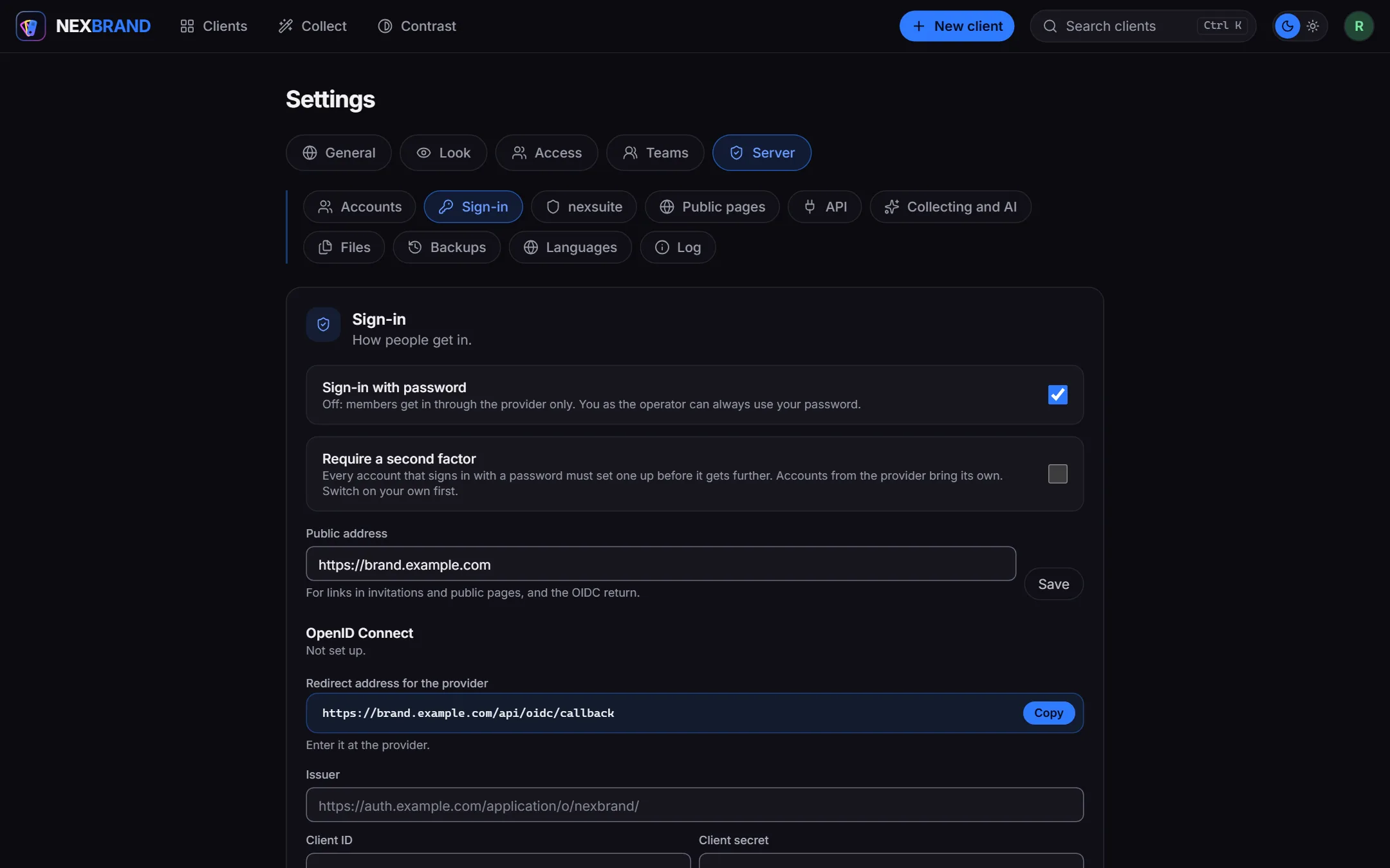Settings, Server, Sign-in with password sign-in, second factor, public address and authentik in one step