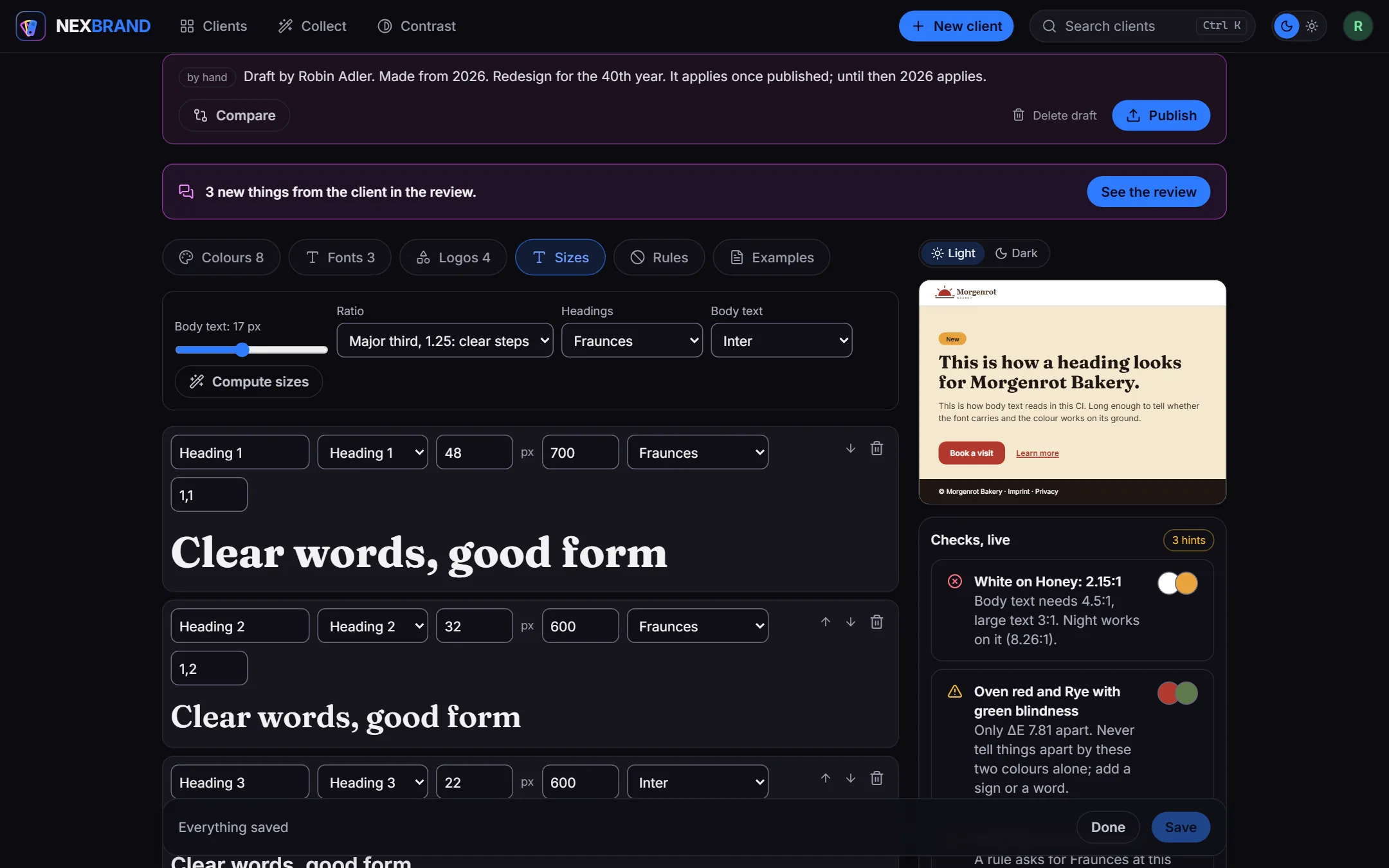 The editor in the Sizes tab with the slider for the base size, the choice of ratio and the computed steps below