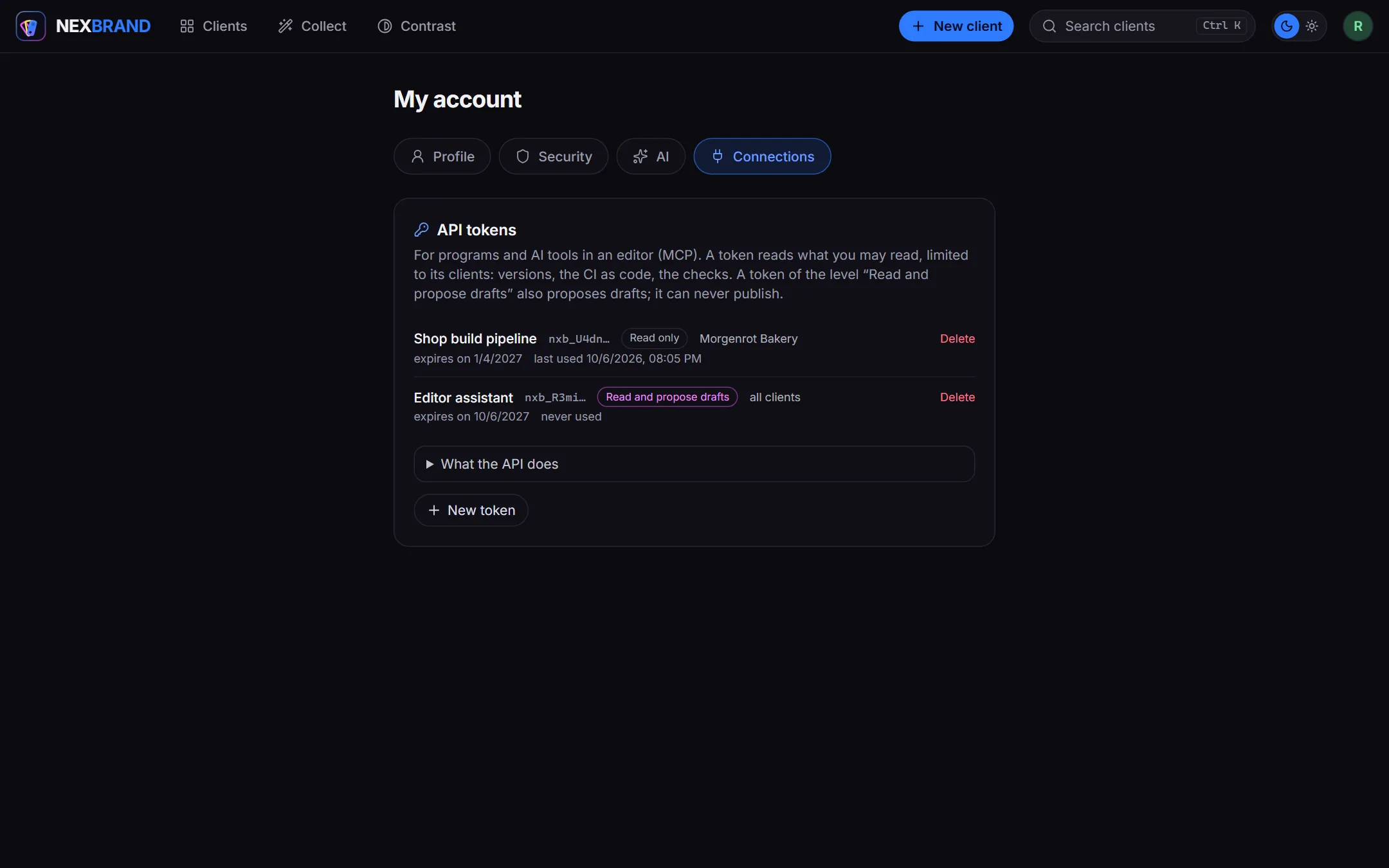 Mein Konto, Verbindungen mit zwei Tokens, ihrer Stufe, ihren Kunden, wann sie zuletzt benutzt wurden und wann sie ablaufen