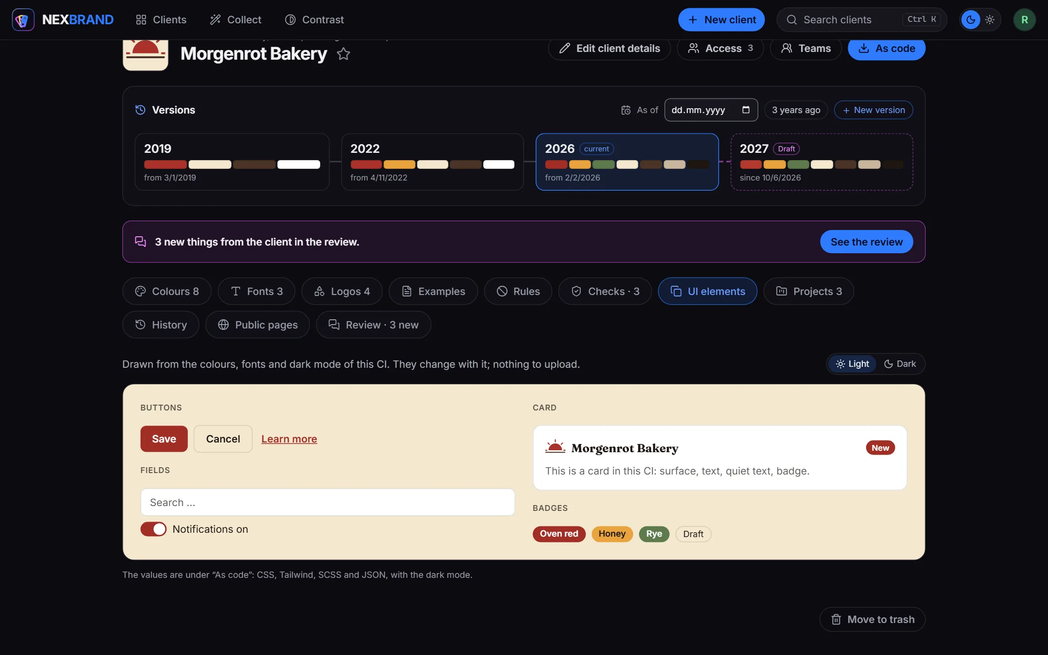 Der Reiter UI elements von Morgenrot Bakery mit Knöpfen, Eingabefeldern, einer Karte und Kennzeichen in den Farben der CI